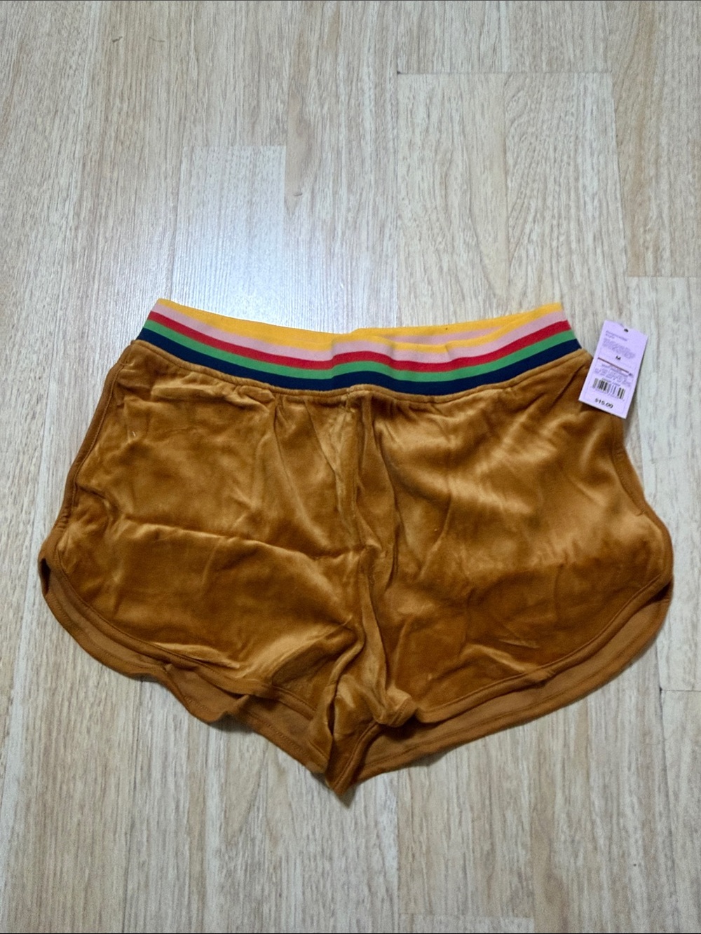 Velvety Rust Women's Shorts with Rainbow Waistband